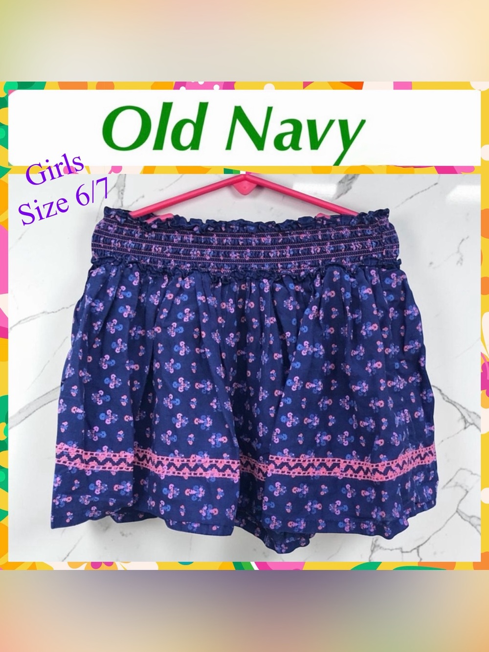 Girls OLD NAVY Navy Blue and Pink Floral Smocked Waist Cotton Skirt Size S Kids